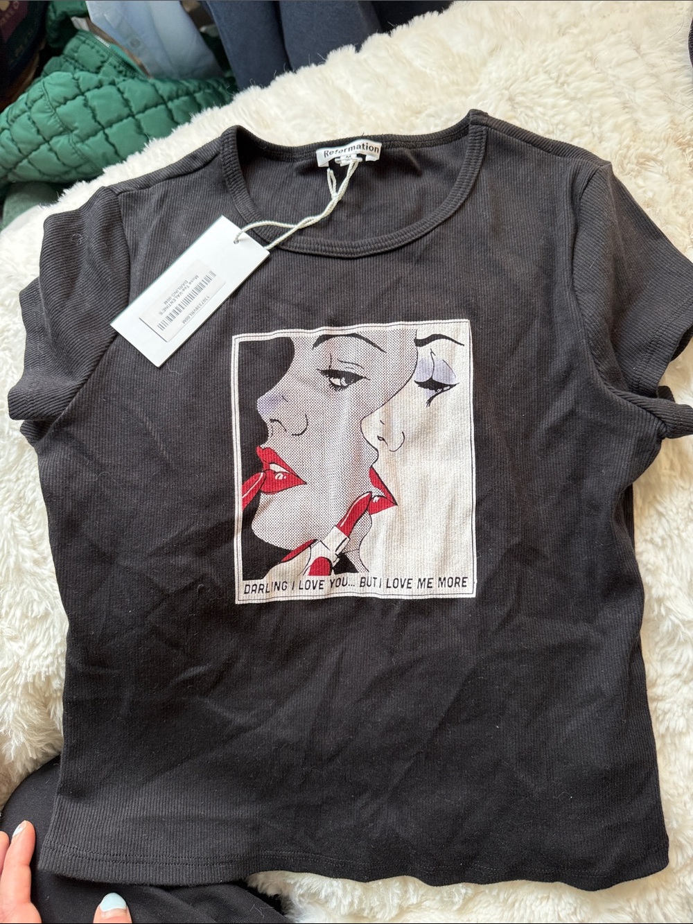 Reformation Black Graphic Tee with Red Lip Art Panel
